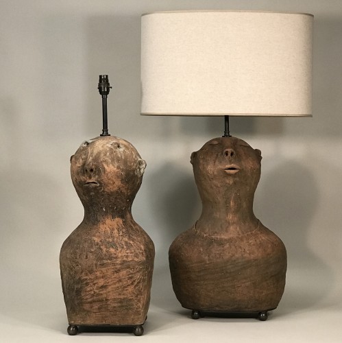 Pair Of Large Brown Terracotta Ceramic Moon Man Lamps On Antique Brass Bases