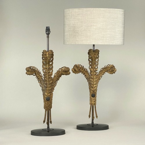 Pair Of Large Gold 'feather' Lamps With Brown Bronze Bases