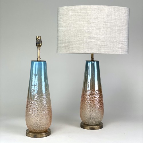 Pair Of Medium Textured Blue And Pink Glass Lamps With Antique Brass Bases