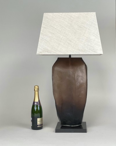 Pair Of Large Brown Textured Glass Lamps On Square Brown Bronze Bases