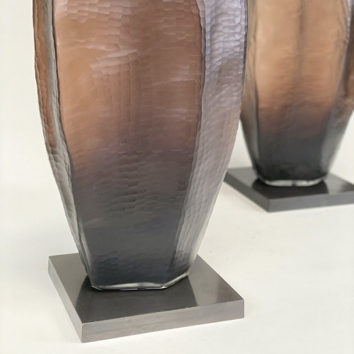 Pair Of Large Brown Textured Glass Lamps On Square Brown Bronze Bases