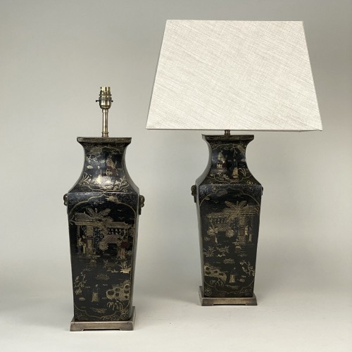 Pair Of Medium Chinoiserie Black Lamps With Square Antique Brass Bases