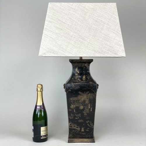 Pair Of Medium Chinoiserie Black Lamps With Square Antique Brass Bases
