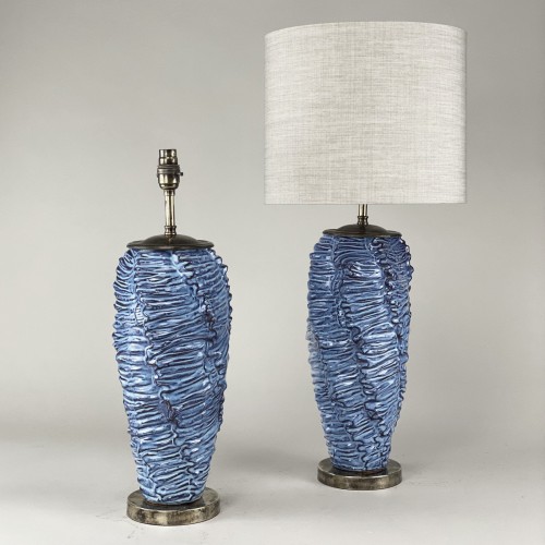 Pair Of Medium Blue Ceramic 'wave' Lamps With Antique Brass Bases