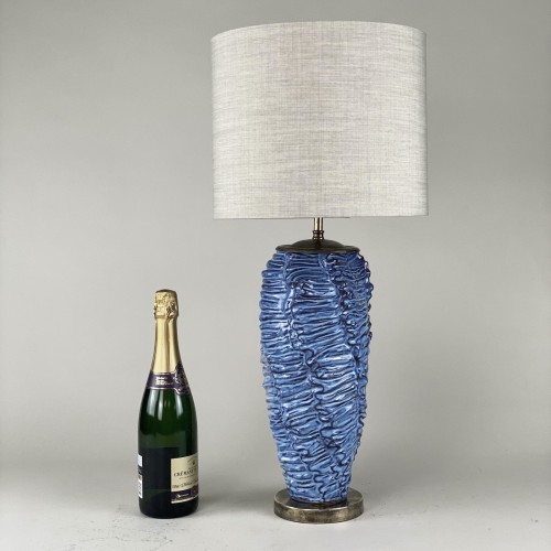 Pair Of Medium Blue Ceramic 'wave' Lamps With Antique Brass Bases