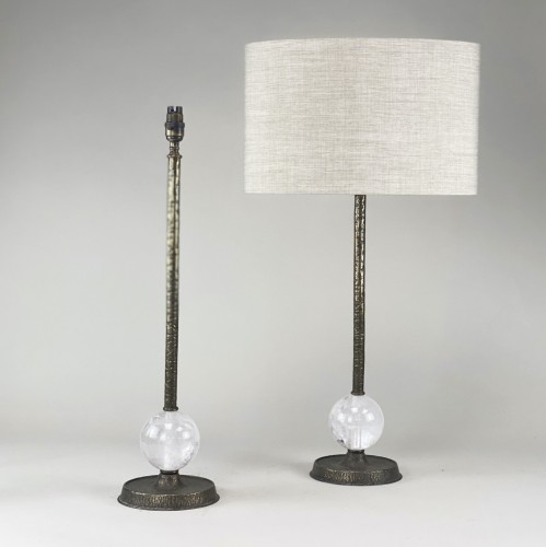 Pair Of Medium Single Crystal Ball Lamps With Antique Brass Bases