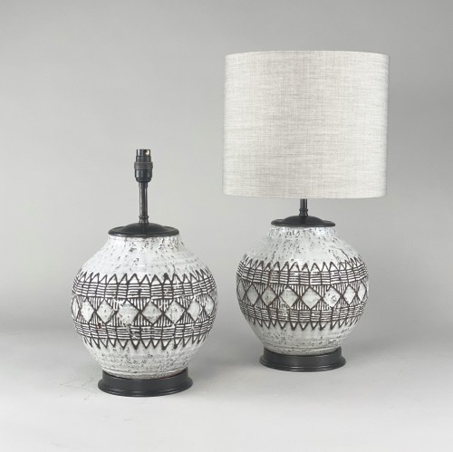 Pair Of Small Round Patterned Brown White Ceramic Lamps With Brown Bronze Bases
