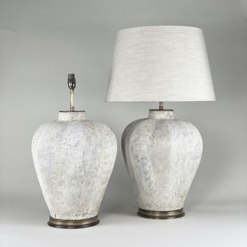 Pair Of Large White Textured Ceramic Lamps With Antique Brass Bases