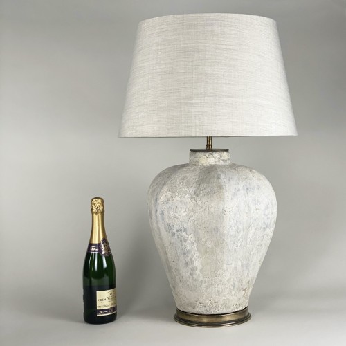 Pair Of Large White Textured Ceramic Lamps With Antique Brass Bases