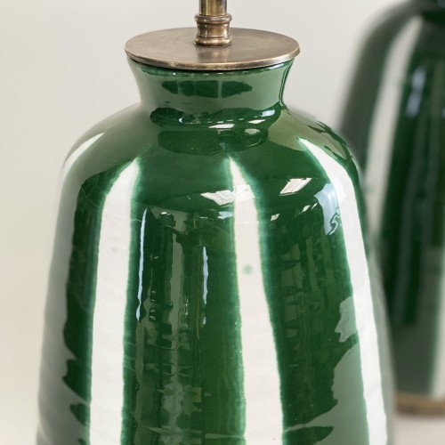 Medium Green Stripe Ceramic Lamps With Antique Bases