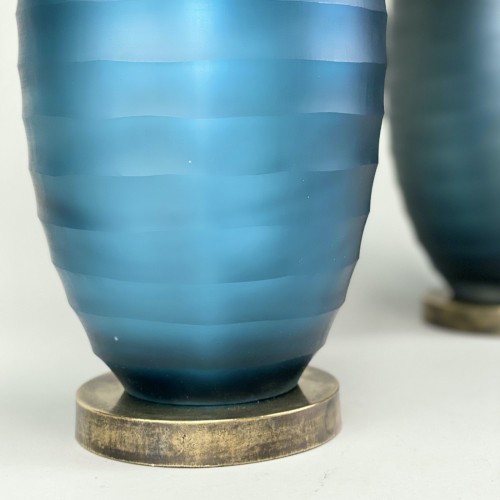 Pair Of Medium Ripple Textured Blue/grey Glass Lamps With Antique Brass Bases