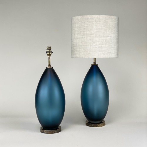 Pair Of Medium Round Blue Glass Lamps With Antique Brass Bases