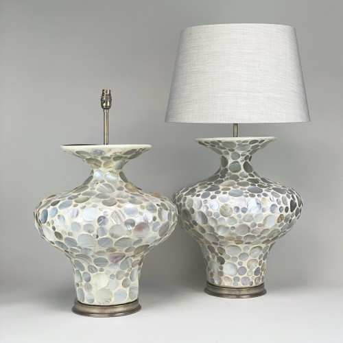 Pair Of Large White Pearl Disk Ceramic Lamps With Antique Brass Bases
