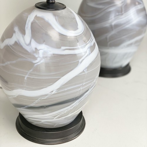 Pair Of Small 'alabaster' Effect Glass Lamps With Brown Bronze Bases
