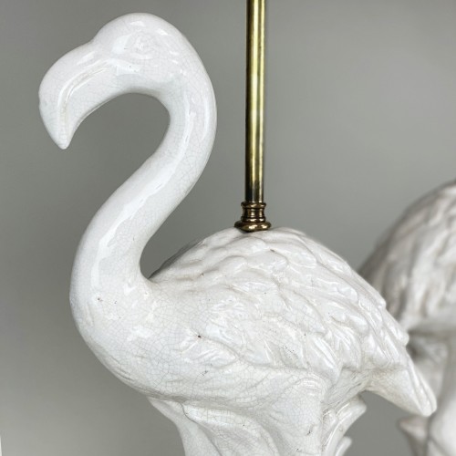 Pair Of Medium White Ceramic Flamingo Lamps With Antique Brass Bases