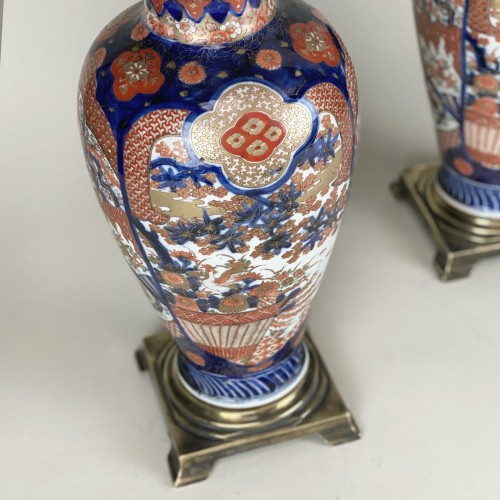 Pair Of Medium C1860 Japanese Imari Vase Lamps With Antique Brass Bases
