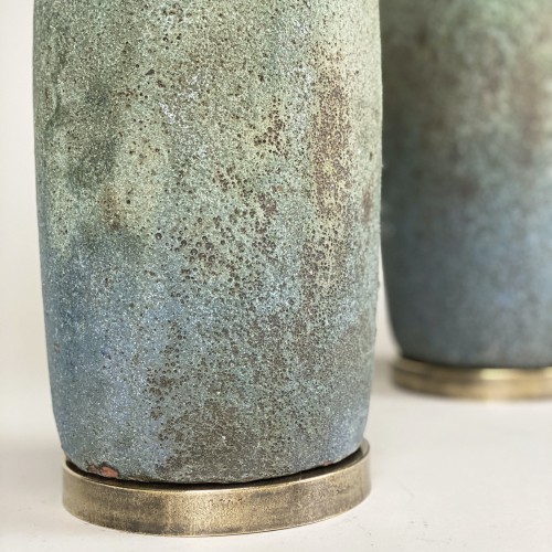 Pair Of Medium Textured Green And Blue Lamps On Antique Brass Bases