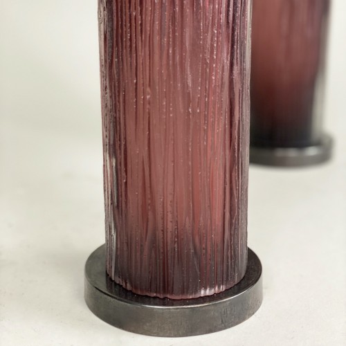 Pair Of Medium Purple 'bark' Cut Glass Lamps With Brown Bronze Bases