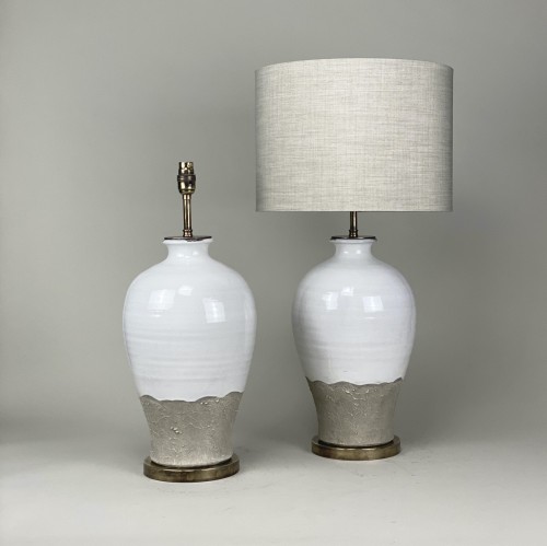 Pair Of Medium Grey And White Ceramic Lamps On Antique Brass Bases