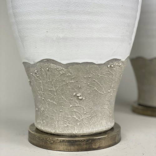 Pair Of Medium Grey And White Ceramic Lamps On Antique Brass Bases