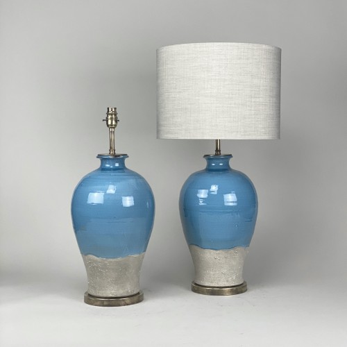 Pair Of Medium Grey And Blue Ceramic Lamps On Antique Brass Bases