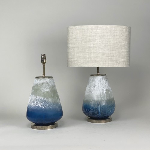 Pair Of Small Blue Painted Glass Lamps On Antique Brass Bases