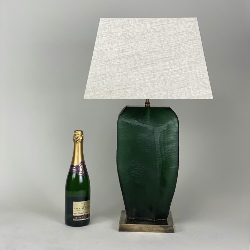 Pair Of Medium Textured Cut Glass Green Lamps On Antique Brass Bases