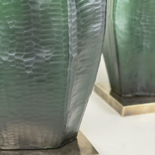Pair Of Medium Textured Cut Glass Green Lamps On Antique Brass Bases