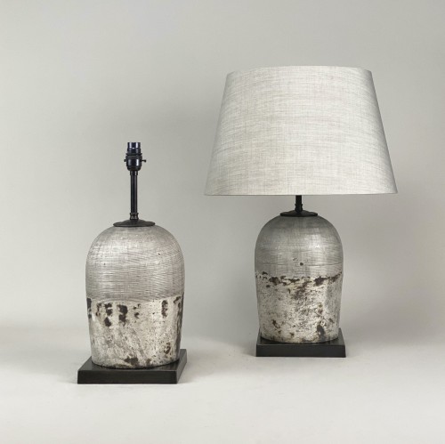 Pair Of Medium Textured Silver Brown Glass Lamps With Square Brown Bronze Bases