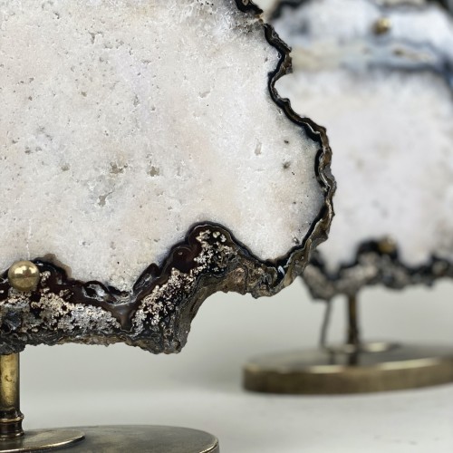 Pair Of Medium Backlit White/grey Agate Slice Lamps On Antique Brass Bases