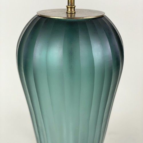 Single Medium Green Grey Cut Glass Lamp On Antique Brass Base