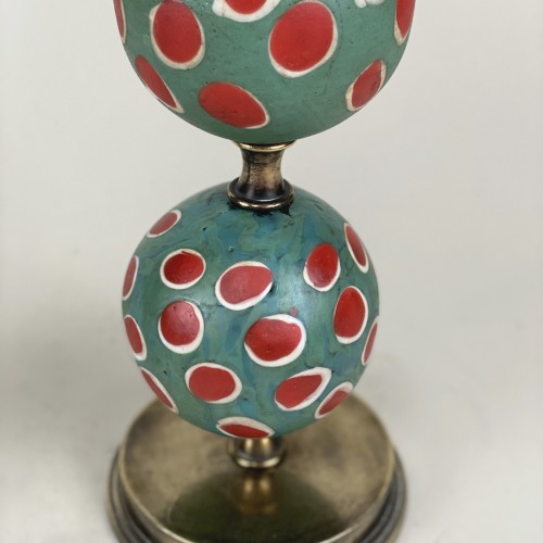 Pair Of Turquoise And Red Dotty Majapahit Glass Bead Lamps With Antique Brass Bases