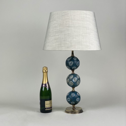 Pair Of Blue With Cream Rings Majapahit Glass Bead Lamps With Antique Brass Bases