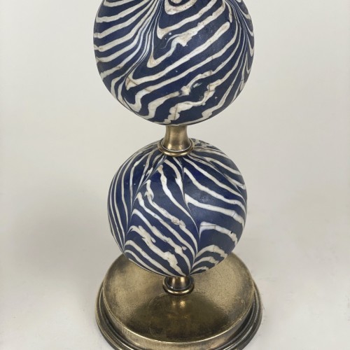 Pair Of Blue 'zebra' Majapahit Glass Bead Lamps With Antique Brass Bases
