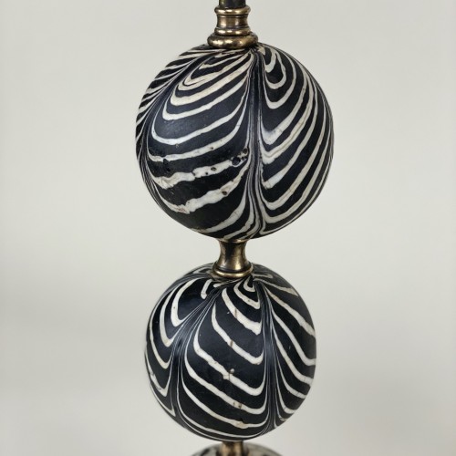 Pair Of Black 'zebra' Majapahit Glass Bead Lamps With Antique Brass Bases