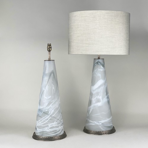 Pair Of Large Glass 'warm Alabaster Effect' Cone Lamps On Textured Antique Brass Bases