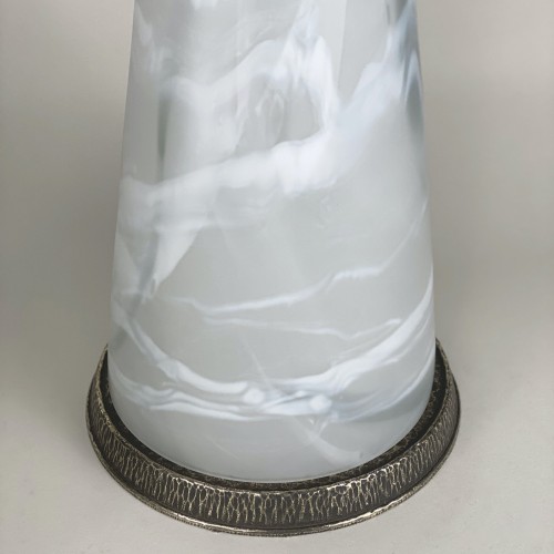 Pair Of Large Glass 'warm Alabaster Effect' Cone Lamps On Textured Antique Brass Bases