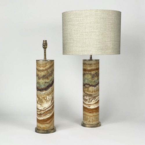 Pair of Large Rainbow Onyx Lamps on Antique Brass Bases