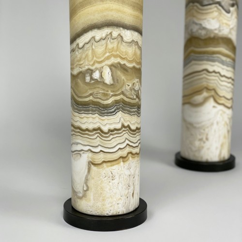 pair of large zebra onyx lamps on brown bronze bases