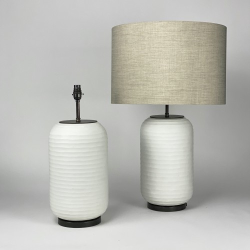 Pair Of Medium White Cut Glass Barrel Shaped Lamps On Brown Bronze Bases