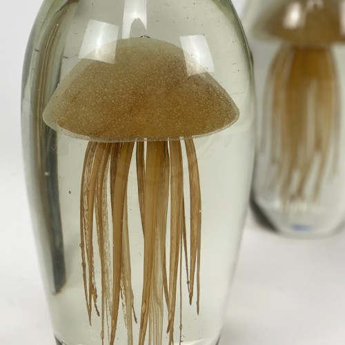 pair of small glass dome brown jellyfish lamps