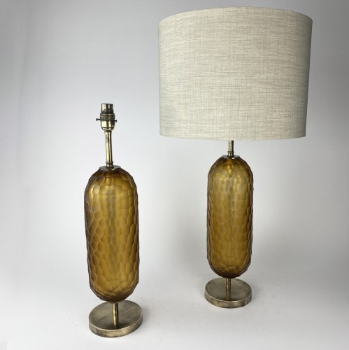 Pair of Medium Amber Cut Pill Lamps on Antique Brass Bases