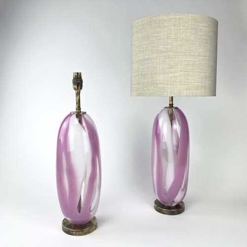 Pair of Large Pink / White 'Peanut' Glass Table Lamps on Antique Brass Bases