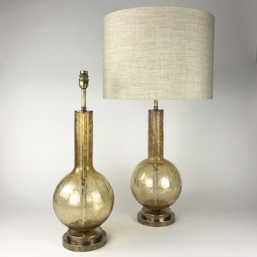 Pair of Pale Amber  Glass Bubble Lamps on Antique Brass Stand