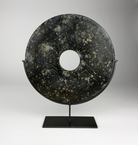 Large Black Disk on Brown Bronze Stand