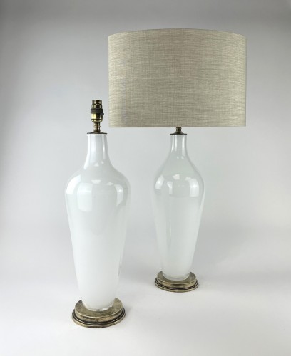 Pair of White Standard Large Table Lamps on Antique Brass Bases