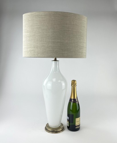 Pair of White Standard Large Table Lamps on Antique Brass Bases