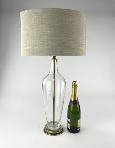 Pair of Clear Standard Large Glass Table Lamps on Antique Brass Bases