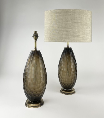 Pair of Large Olive Battuto Glass Lamps on Antique Brass Bases
