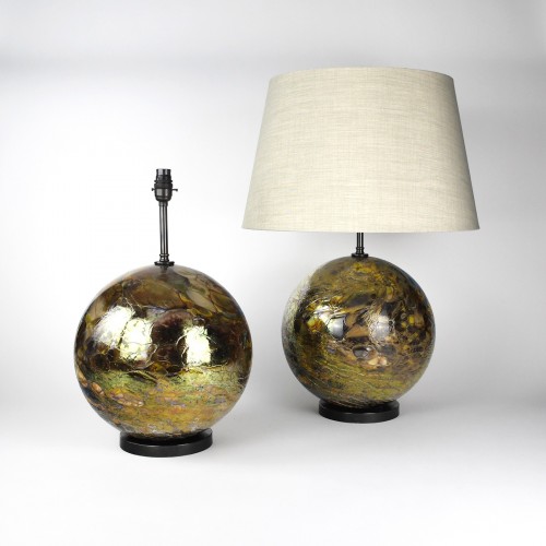 Pair Of Small Round Ceramic Snowball Lamps on Brown Bronze Bases